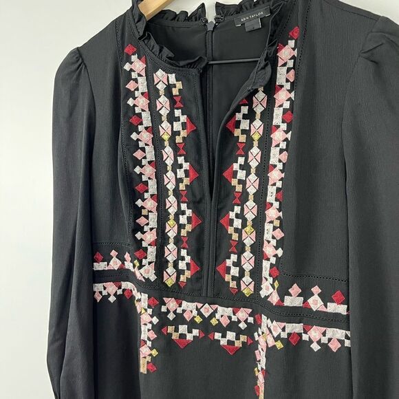 Ann Taylor Black Tie Wrist Embroidered Dress 2 - Picture 2 of 9